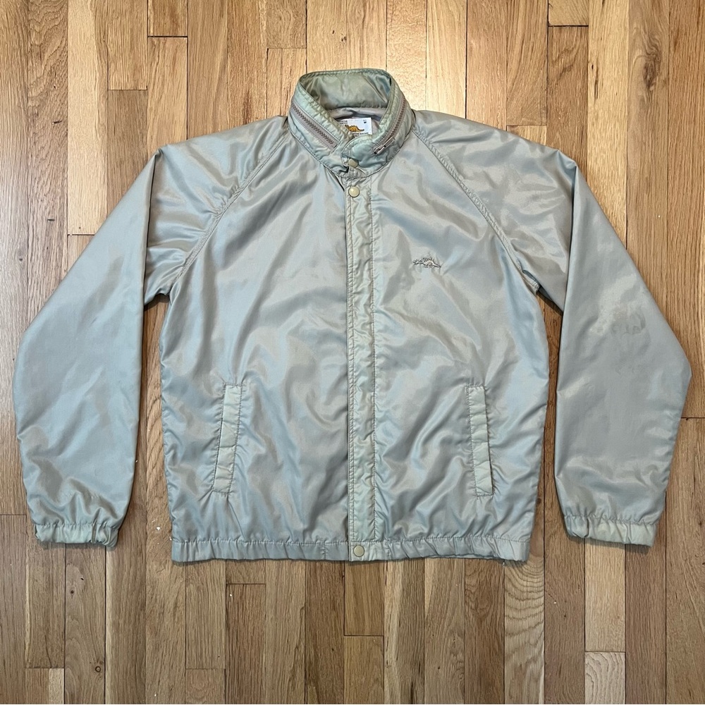 Vintage 90s Sears Jacket Mens Medium Nylon Windbreaker Hooded Full Zip Beige